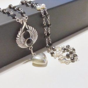 Vintage Sterling Silver Onyx Bezel Set Angel Wings Rosary Bead